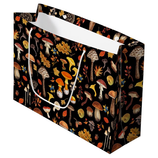 Wild mushrooms on black large gift bag (Front Angled)