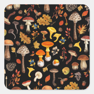 Wild mushrooms on black square sticker