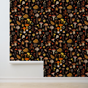 Wild mushrooms on black wallpaper