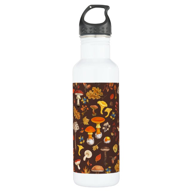 Wild mushrooms on brown 710 ml water bottle (Front)