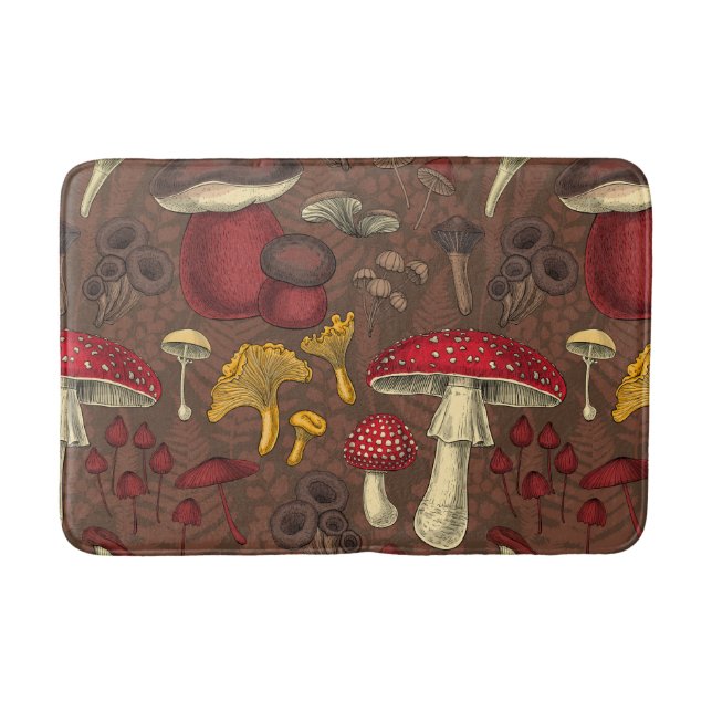 Wild mushrooms on brown bath mat (Front)