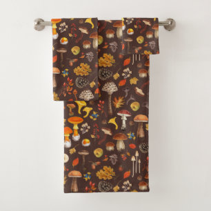 Wild mushrooms on brown bath towel set