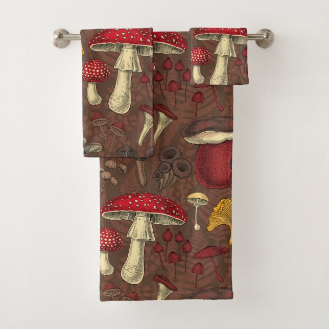 Wild mushrooms on brown bath towel set (Insitu)