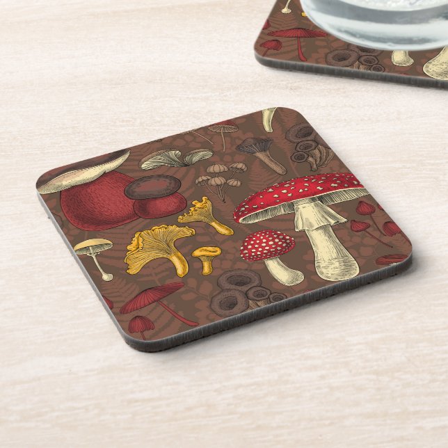 Wild mushrooms on brown coaster (Left Side)