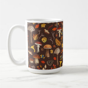 Wild mushrooms on brown coffee mug
