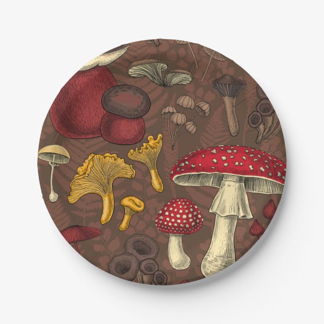 Wild mushrooms on brown paper plate (Front)
