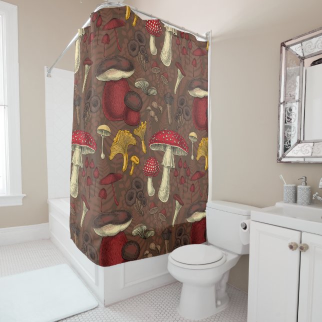 Wild mushrooms on brown shower curtain (In Situ)