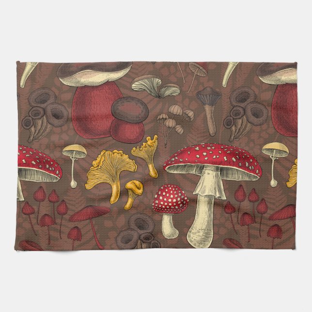 Wild mushrooms on brown tea towel (Horizontal)