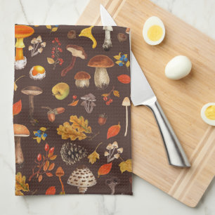 Wild mushrooms on brown tea towel