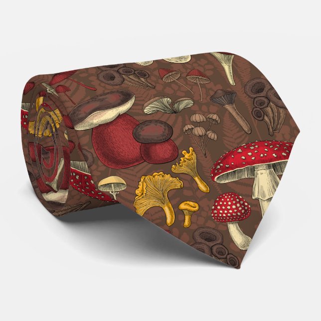 Wild mushrooms on brown tie (Rolled)
