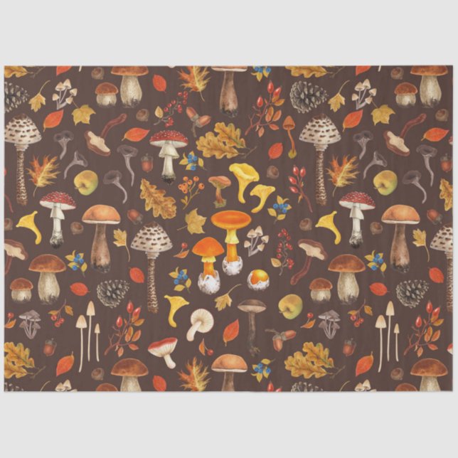 Wild mushrooms on brown tissue paper (Front)