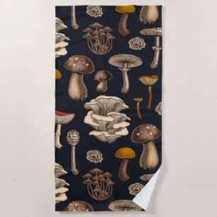 Wild Mushrooms on graphite black Beach Towel
