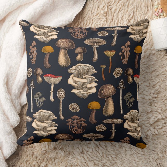 Wild Mushrooms  on graphite black Cushion (Blanket)