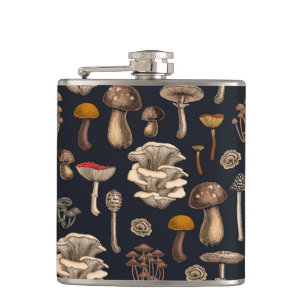 Wild Mushrooms  on graphite black Hip Flask