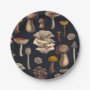 Wild Mushrooms on graphite black Paper Plate