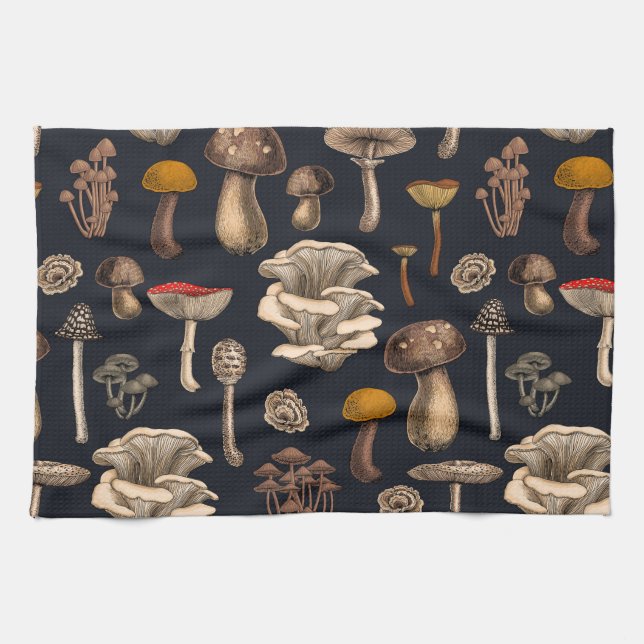 Wild Mushrooms  on graphite black Tea Towel (Horizontal)