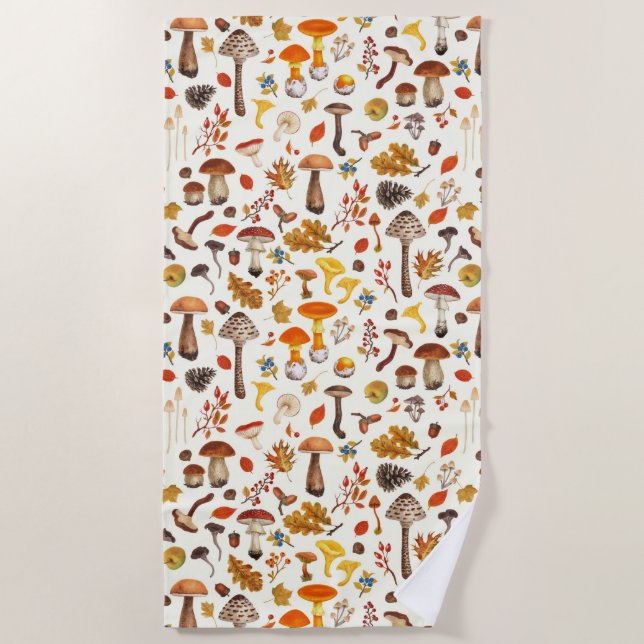 Wild mushrooms on off white beach towel (Front)