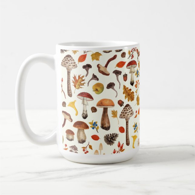 Wild mushrooms on off white coffee mug (Left)