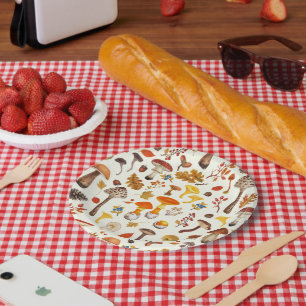 Wild mushrooms on off white paper plate