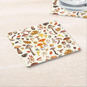 Wild mushrooms on off white square paper coaster