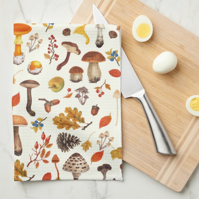 Wild mushrooms on off white tea towel (Quarter Fold)