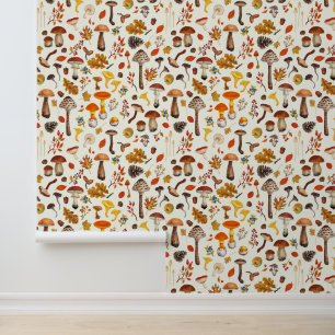Wild mushrooms on off white wallpaper
