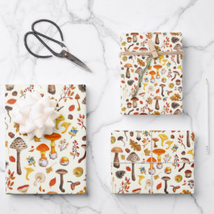 Wild mushrooms on off white wrapping paper sheet
