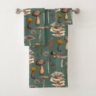 Wild Mushrooms  on pine green Bath Towel Set