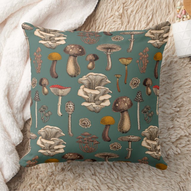 Wild Mushrooms  on pine green Cushion (Blanket)