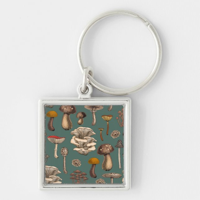 Wild Mushrooms  on pine green Key Ring (Front)