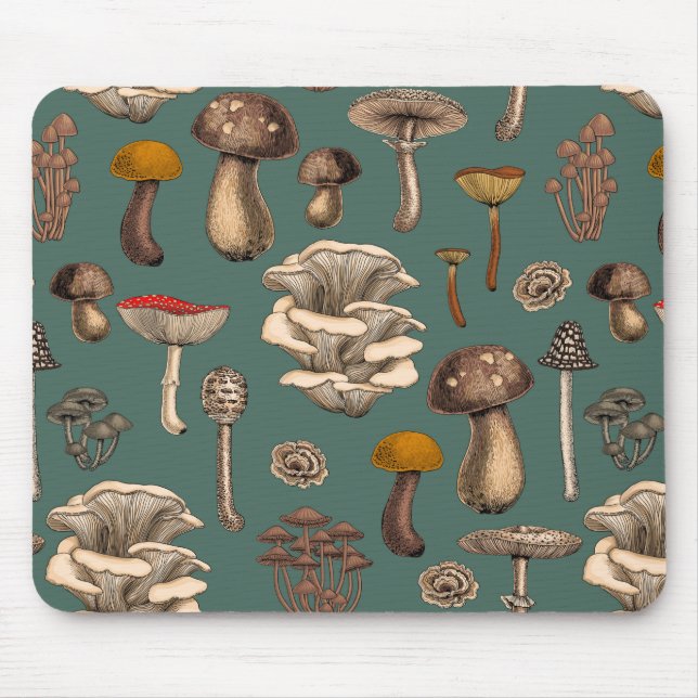 Wild Mushrooms  on pine green Mouse Pad (Front)
