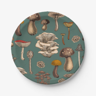 Wild Mushrooms  on pine green Paper Plate