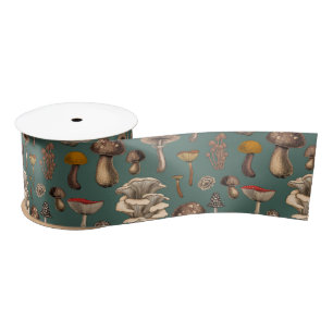 Wild Mushrooms  on pine green Satin Ribbon