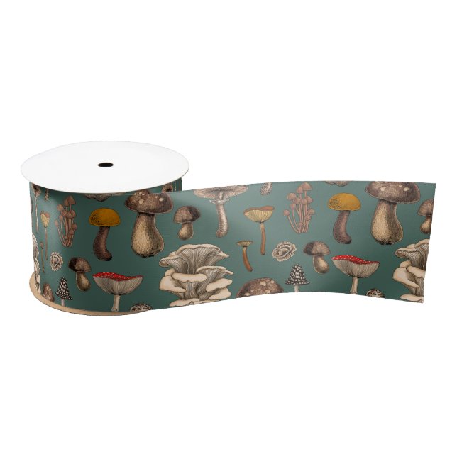 Wild Mushrooms  on pine green Satin Ribbon (Spool)