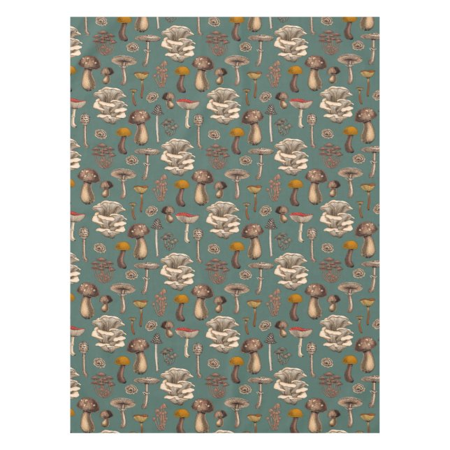Wild Mushrooms  on pine green Tablecloth (Front)