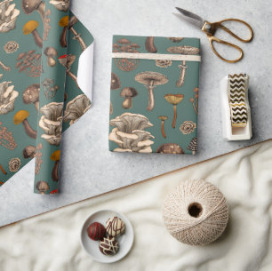 Wild Mushrooms  on pine green Wrapping Paper
