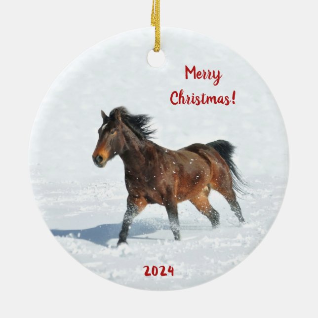 Wild Mustang  Horse Running in the Snow Ceramic Ornament (Back)