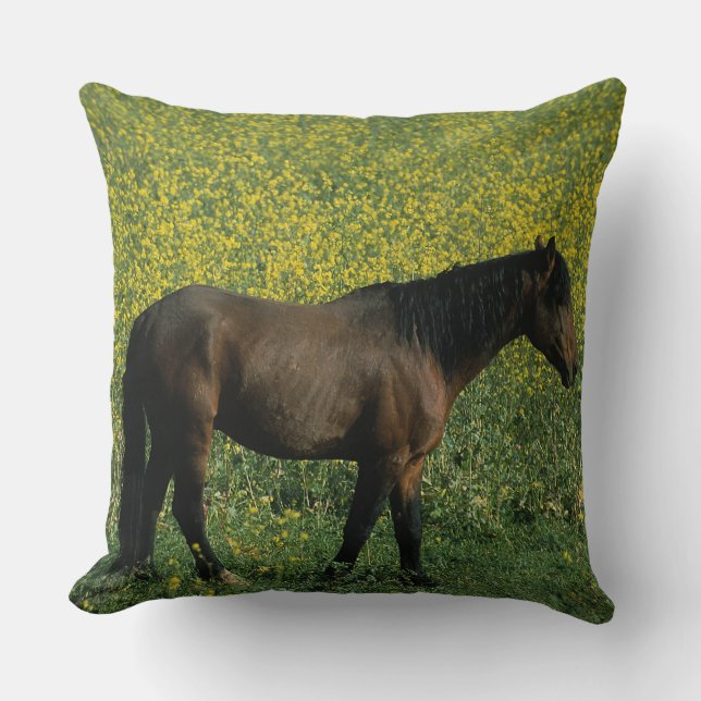 Wild Mustang Horse Standing in Flowers Cushion (Front)