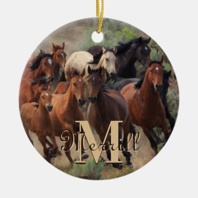 Wild Mustang Horses Monogram Ceramic Ornament (Front)