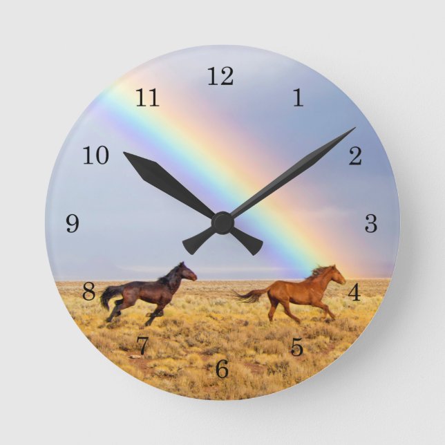 Wild Mustang Horses Running and Rainbow Round Clock (Front)