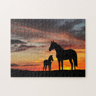 Wild Mustang Mare and Foal With Sunset Jigsaw Puzzle