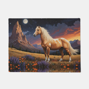 Wild mustang pinto palomino Colourful night sky Doormat