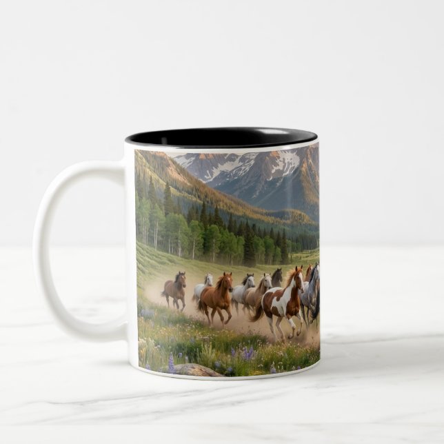 Wild Mustang Sunset Run Ceramic Coffee Mug (Left)