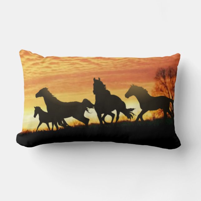 Wild Mustangs and Tooled Leather Lumbar Cushion (Front)