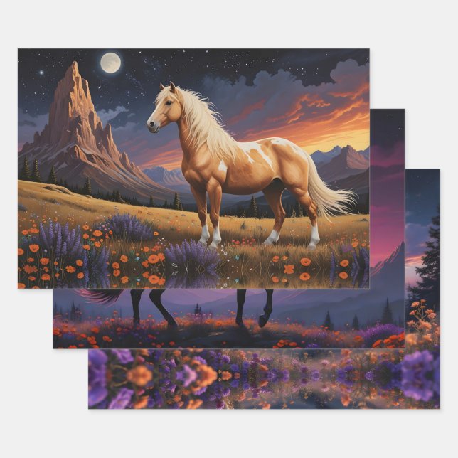 Wild mustangs Colourful night sky wildflowers Wrapping Paper Sheet (Set)