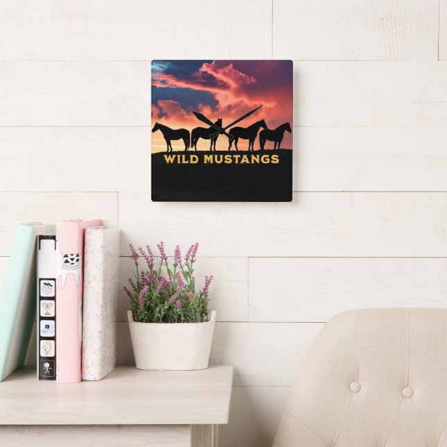 Wild Mustangs on the Horizon Square Wall Clock (Reading Room)