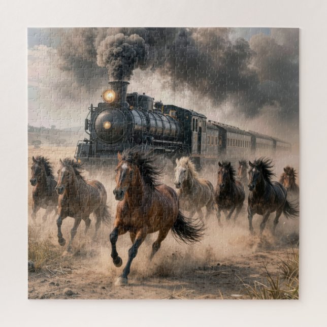Wild Mustangs Running Alongside Vintage Train Jigsaw Puzzle (Vertical)