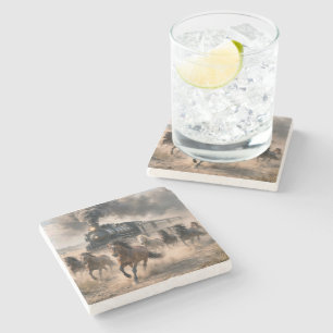 Wild Mustangs Running Alongside Vintage Train Stone Coaster