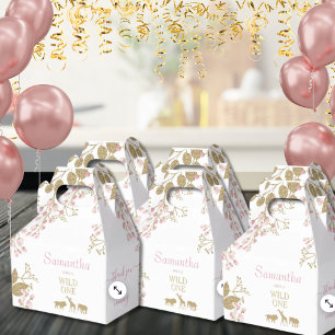 Wild One 1st Birthday Animals Thank You Pink Gold Favour Box
