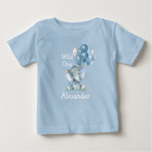 Wild One 1st Birthday Baby Elephant Balloons Blue Baby T-Shirt